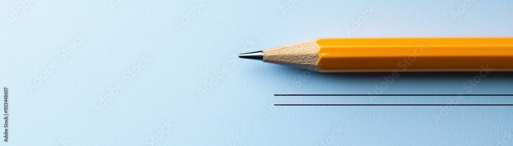 Poster a close-up of a yellow pencil resting on a light blue background, showcasing its sharp tip and smoot