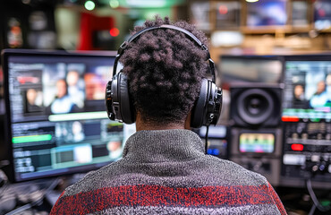 A man with his back turned sits in front of a television station's production control and computer monitor with headphones on