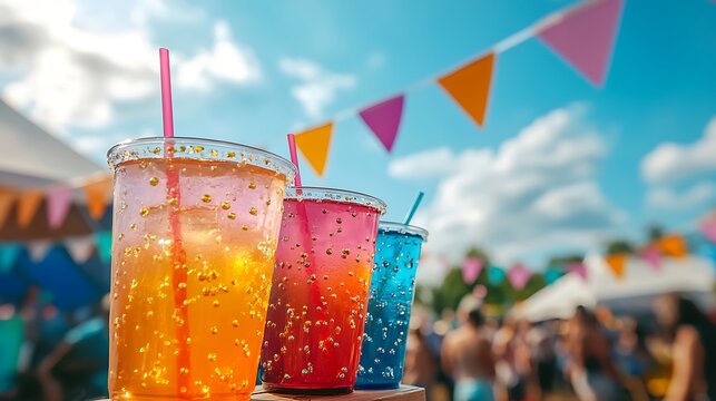 Two friends clinking colorful drink cups in front of a music festival tent, bright flags and sunny skies creating a cheerful setting,
