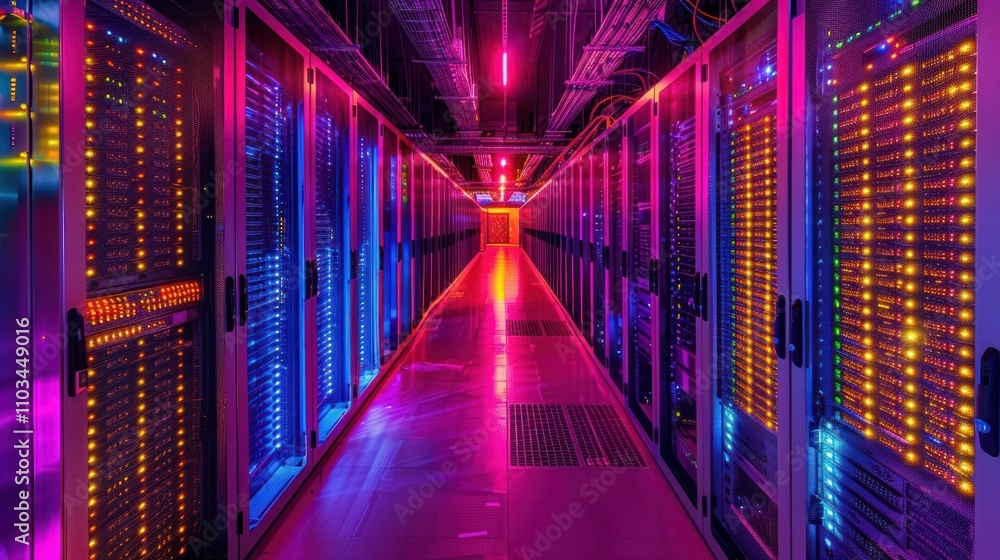 Poster a vibrant server room illuminated with colorful lights, showcasing rows of data servers.