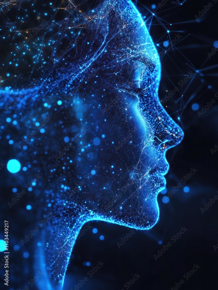 Poster abstract glowing digital profile on blue background. id and digital transformation concept. 3d rende