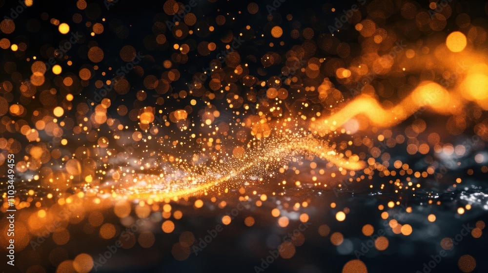Poster abstract representation of glowing particles creating a dynamic wave effect.