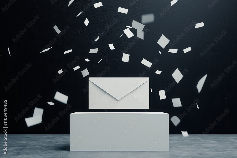 Poster register confirmation conceptual. an envelope stands on a pedestal, surrounded by floating papers ag