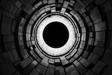 A dramatic view from inside a cylindrical structure, showcasing a dark center surrounded by patterned stone walls in monochrome tones.