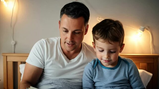 Father and son bedtime storytelling in cozy bedroom setting