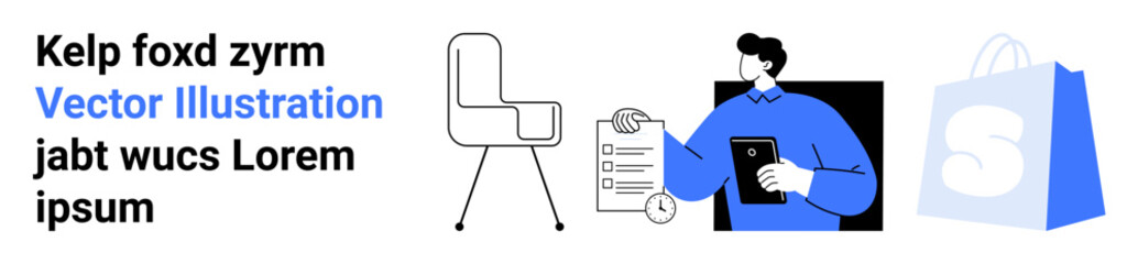 An image shows a person holding a tablet, a chair outline, shopping bag, and checklist. Ideal for e-commerce, product management, online shopping, digital tools, and retail business. Landing page