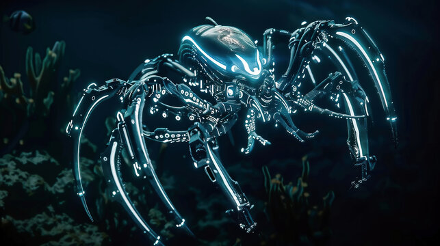 A glowing alien creature with bioluminescent tentacles glides through the dark ocean abyss, surrounded by strange fish and underwater plants, surreal and otherworldly