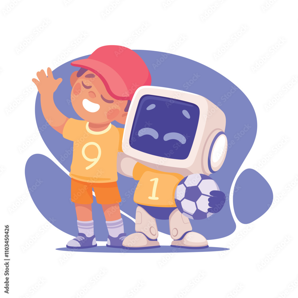 Poster robot character play football with boy as smart android assistant machine vector illustration