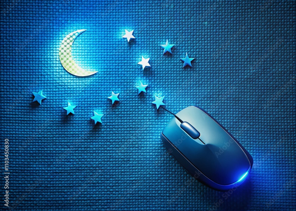 Poster captivating night photography of a computer mouse click cursor on blue textured paper with glowing e