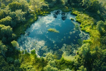 Green forest and lake, drone photo, ecology and care for the environment, photo wallpaper