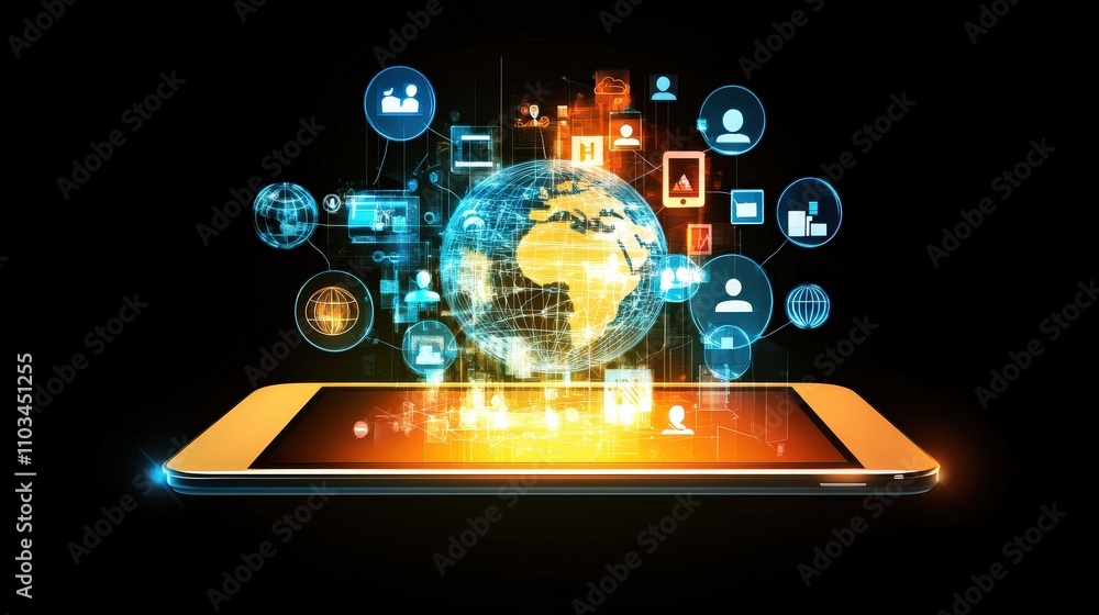 Poster a business concept image of a glowing tablet interface showing interconnected icons and a globe, sym