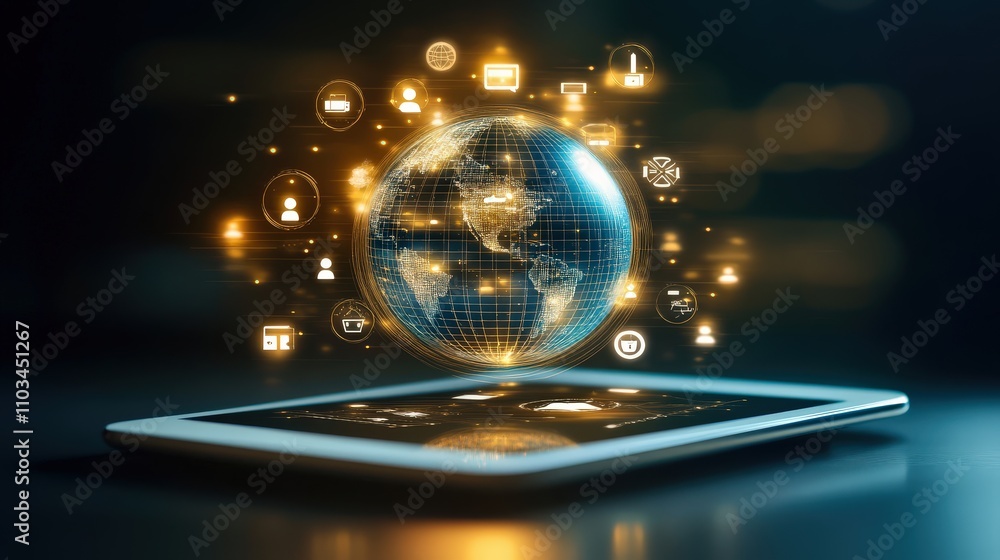 Poster a business concept image of a glowing tablet interface showing interconnected icons and a globe, sym