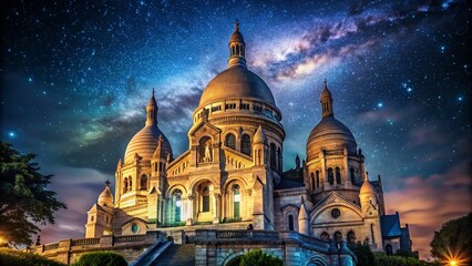 Obraz premium Captivating Night Photography of Sacred Sacré-Cœur Basilica with Starry Sky and Illuminated Architecture in Paris, France, Showcasing the Beauty of City Lights and Serenity