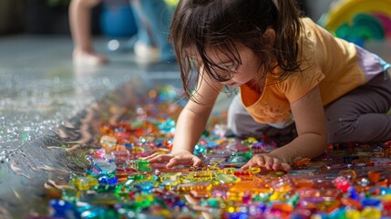 Curious child playing with colorful translucent beads and water on the floor. Close-up of a girl exploring sensory materials in a creative and engaging activity. Generative AI