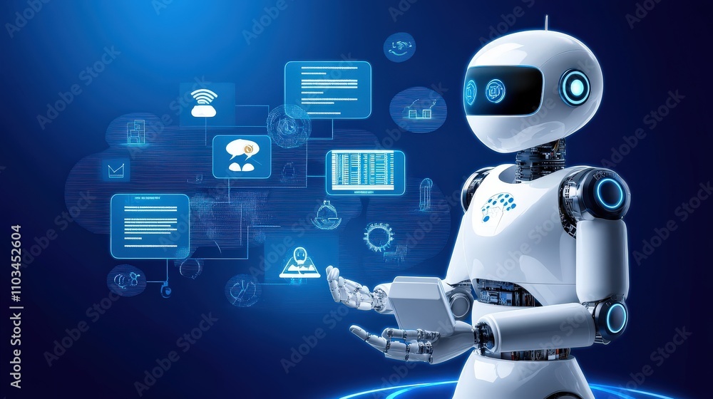 Poster a digital robot generating command prompt responses, illustrating a chatbot's role in customer servi