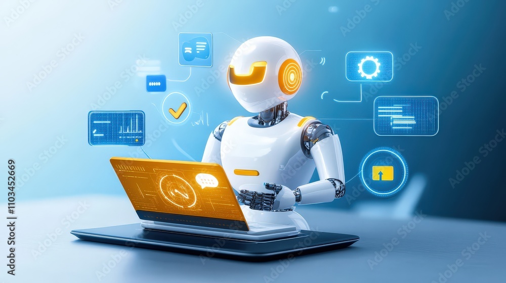 Poster a digital robot generating command prompt responses, illustrating a chatbot's role in customer servi