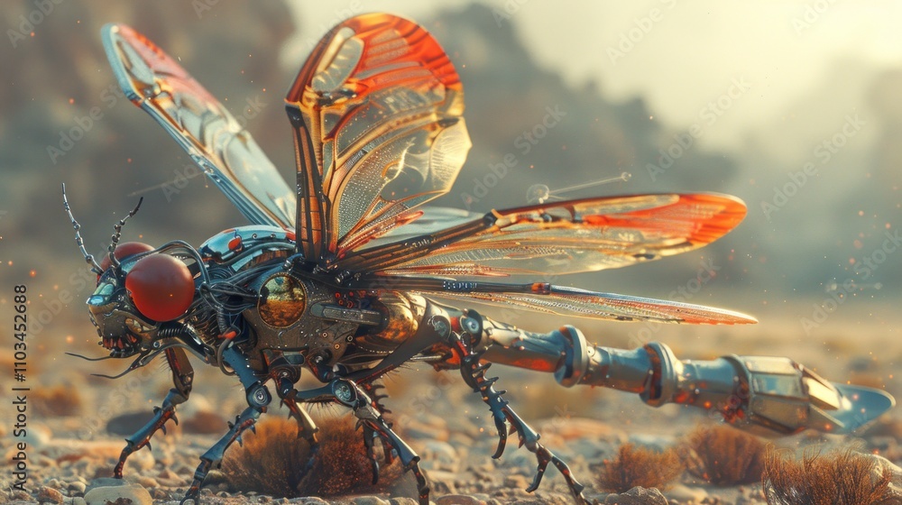 Poster a futuristic robotic dragonfly with intricate details and metallic features in a desert setting.