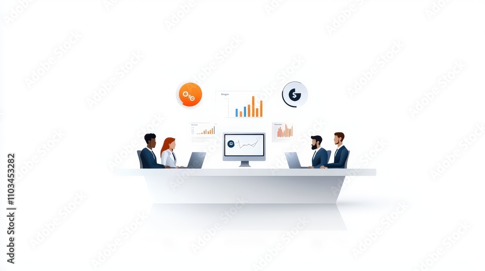 Poster a flat-style vector image showing a team of diverse professionals engaged in business analysis, revi