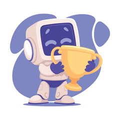 Robot Character Winner Hold Goblet as Smart Android Assistant Machine Vector Illustration
