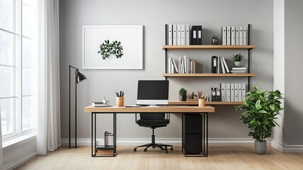 A minimalist home office with a large desk, bookshelf, and plants.