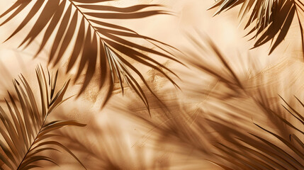 Obraz premium Palm leaves shadows on brown background. Copy space, summer concept. Selective focus.