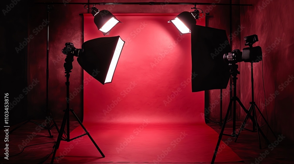 Poster a simple studio setup with three lights and a red backdrop.