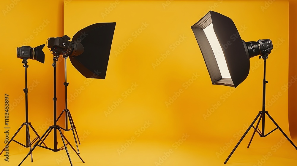 Aufkleber three studio lights with softboxes set up on tripods in a room with a yellow backdrop.