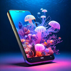 Beautiful jellyfish jumping out of your smartphone: 3D illustration of the deep sea.