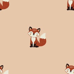 Minimalist fox pattern on a beige background, featuring a cute cartoon fox design, perfect for children’s decor and textile applications