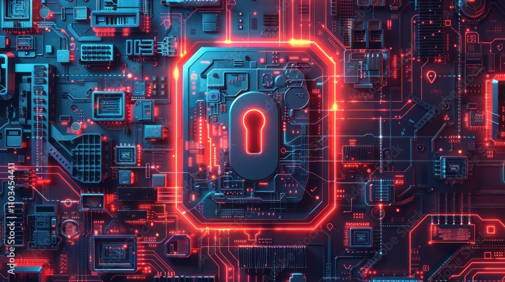 Poster a digital lock symbol on a circuit board background, representing cybersecurity and technology.