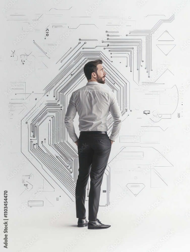 Poster businessman standing on abstract circuit arrow sketch on white background with mock up place. succes