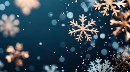 Blurred close-up of decorative golden and silver snowflakes against a dark blue background with falling snow. The image suggests a festive winter or holiday season theme.