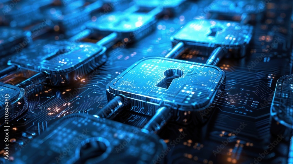 Aufkleber a digital representation of security locks on a circuit board, symbolizing cybersecurity.