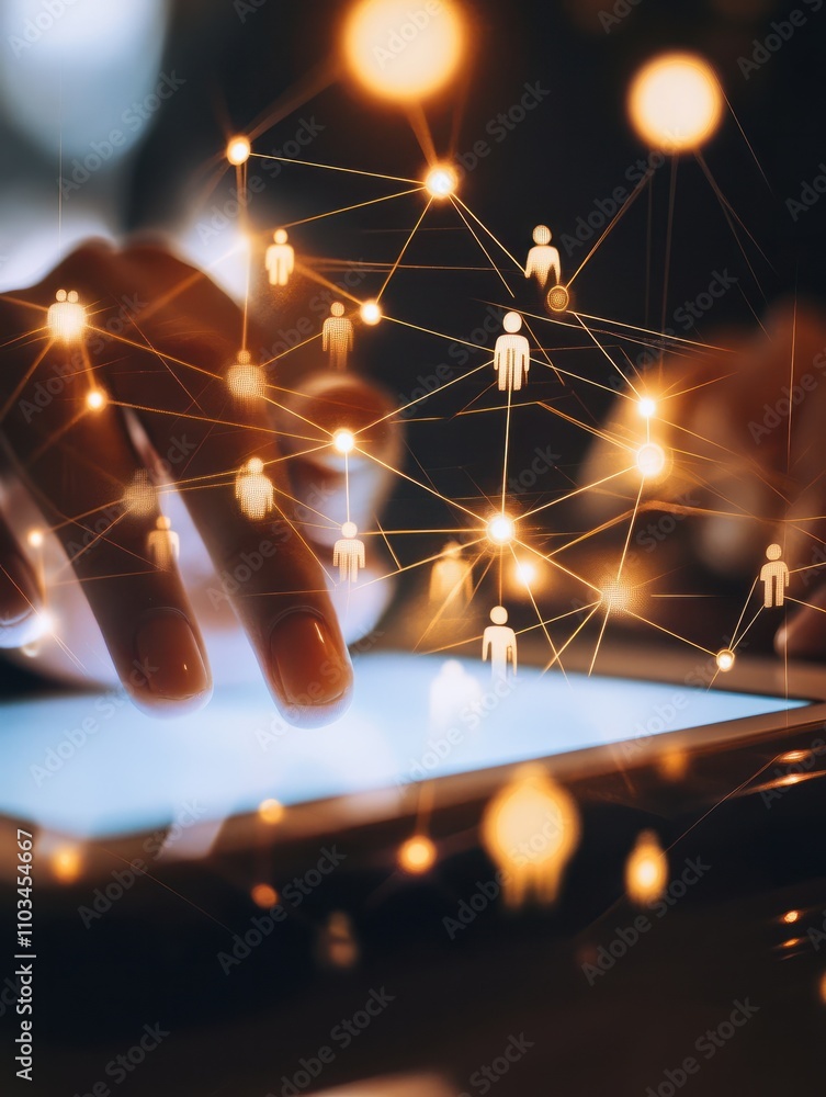 Poster close up of backlit hand using tablet on desktop with creative glowing connected people icons on blu