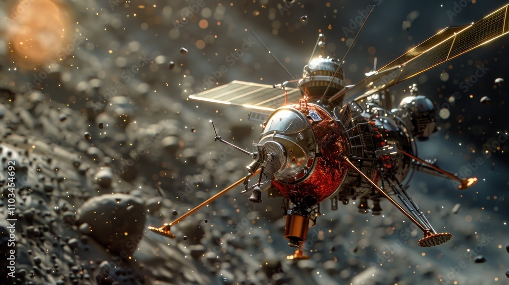 Poster a futuristic spacecraft navigating through a field of asteroids in space.