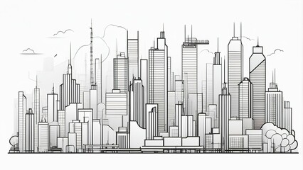 Simple black and white ink artwork of a modern big city. Buildings, skyscrapers, industry objects. Business heart of the country. Basic minimalist drawing on a white background. 