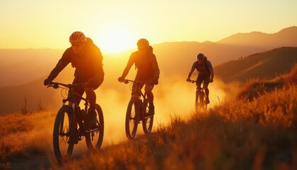 Fototapeta premium Two cyclists ride their bikes along a mountain trail during sunset, casting long shadows on the path. The warm lighting enhances the adventurous and energetic mood of the scene.