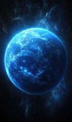 Fototapeta premium A vibrant blue planet surrounded by cosmic elements in a starry space backdrop.