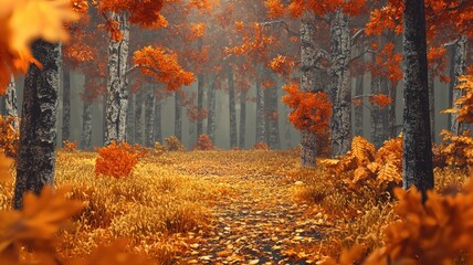 A Path Through a Misty Autumn Forest with Golden Leaves