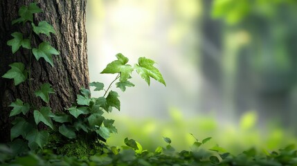 A towering oak tree trunk with ivy climbing its surface, blending into the surrounding woodland.