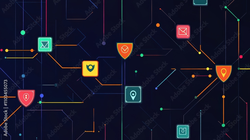 Poster a vibrant network visualization showing data pipelines with checkpoints marked by shield icons, symb