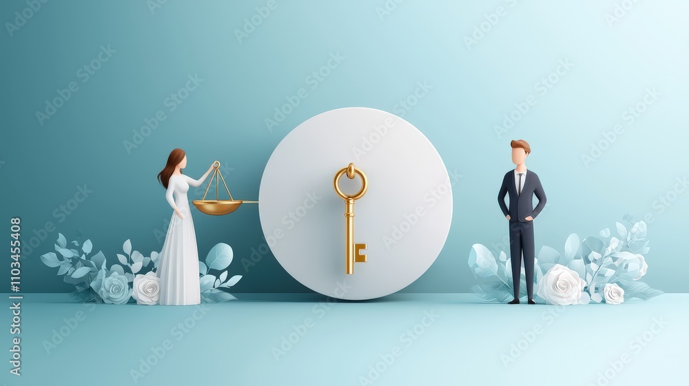 Poster An illustration showing a scale with a man and woman on one side, and a large key on the other, symbolizing the connection between relationships and access to property or resources.
