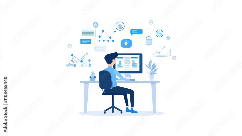 Poster analyst analyzing data and business metrics on a computer, with reports and kpis connected to a data