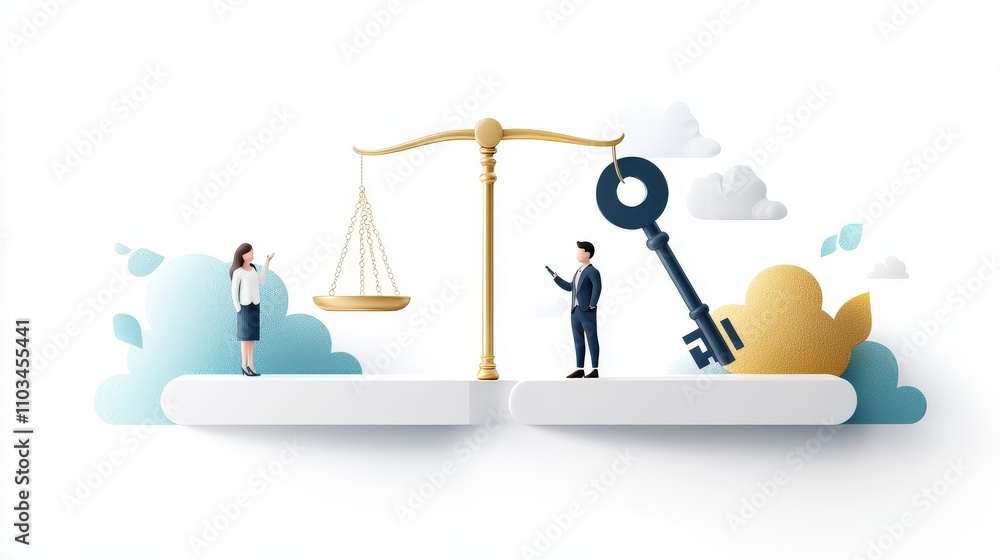 Poster an illustration showing a scale with a man and woman on one side, and a large key on the other, symb