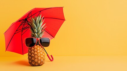 A vibrant pineapple wearing sunglasses and a red umbrella against a bright yellow background, evoking a fun and tropical vibe.