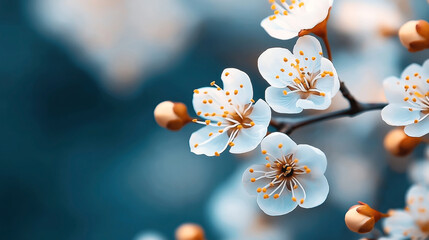 Close-up of white cherry blossoms with orange stamens on a branch against a blurred blue background, highlighting intricate details and delicate petals in a natural setting.