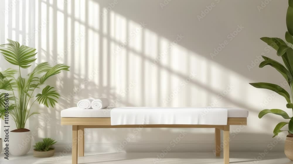 Poster sunlight streaming through a window illuminates a serene spa room featuring a wooden massage table d