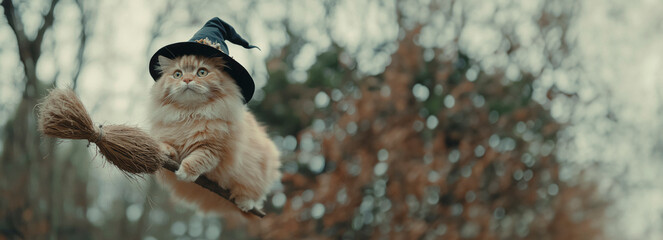 Obraz premium Chubby Kitty Soars on Broomstick: Surveillance Footage Shows Witchy Cat in Hat Flying through Night Sky