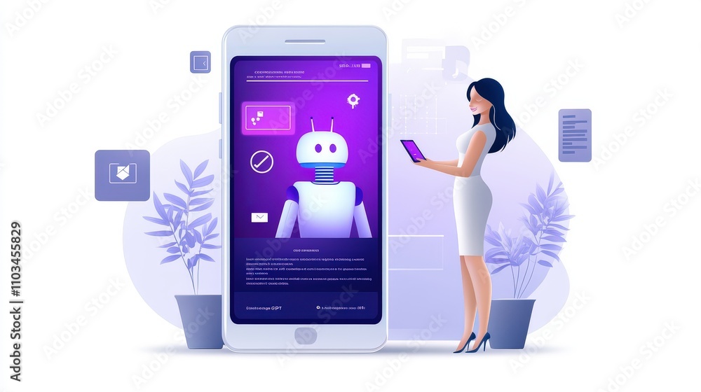 Poster businesswoman holding a smartphone displaying a chatbot interface, symbolizing the integration of ai