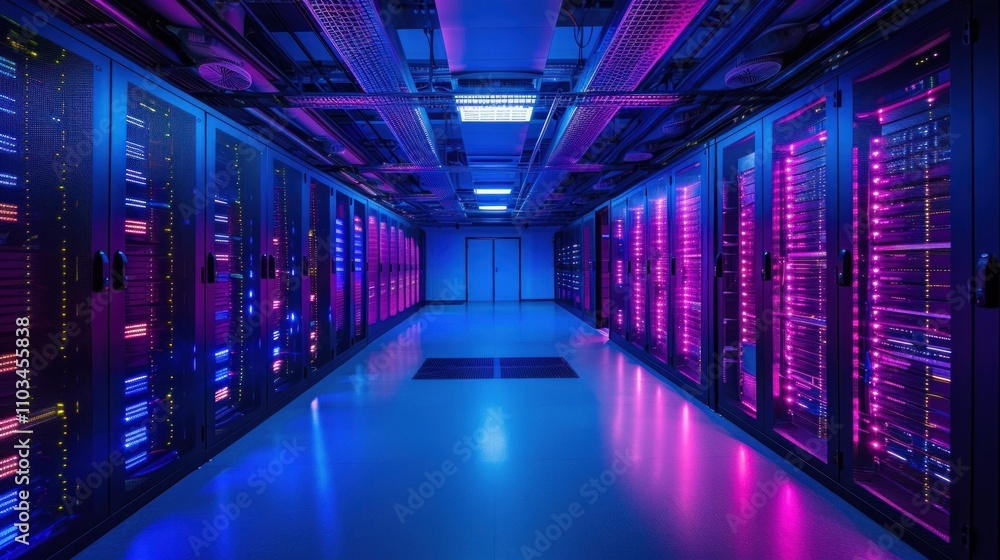 Poster a modern data center illuminated with vibrant lighting, housing numerous servers for computing.